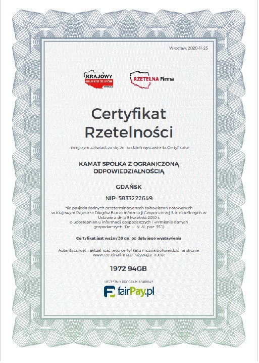 Skan certyfikatu rzetelności dla firmy KAMAT Spółka z Ograniczoną Odpowiedzialnością z Gdańska, wydany we Wrocławiu 25 listopada 2020 roku, z logo Krajowego Rejestru Długów i Rzetelna Firma...