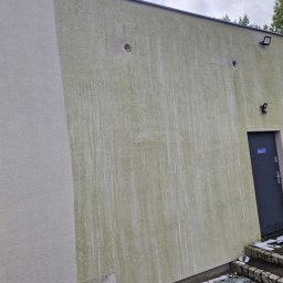 ProClean Grzegorz Rogala - Zewnętrzna ściana budynku z widocznymi śladami zabrudzeń i zacieków, częściowo pokryta zielonym nalotem, z szarą stolarką okienną i wejściową, oświetlona zewnętrznymi lampami.