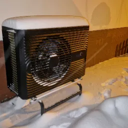 Czarna pompa ciepła powietrze-woda, stojąca na zewnątrz w śnieżny zimowy wieczór, z lekką warstwą śniegu na górze, oświetlona ciepłym światłem.