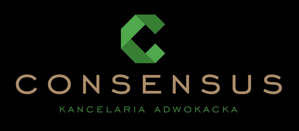 Logo Kancelarii Adwokackiej Consensus z zielonym symbolem C powyżej nazwy, na czarnym tle.