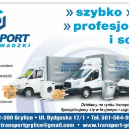Reklama firmy transportowej z Gryfic: trzy busy transportowe, pralka, zmywarka i kartony, hasła reklamowe 'szybko, tanio, profesjonalnie i solidnie', adres i dane kontaktowe.