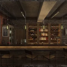 Rustykalny bar z ceglaną ścianą, drewnianym blatem podświetlonym od dołu, krzesłami barowymi, półkami z butelkami alkoholu i wiszącymi lampami w stylu industrialnym.