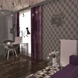 Wizualizacja biura w mieszkaniu z geometryczną tapetą, fioletowymi zasłonami i nowoczesnym oświetleniem wiszącym.