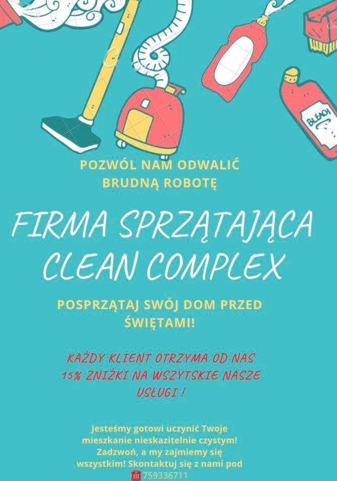 Grafika reklamowa firmy sprzątającej Clean Complex z ilustracjami odkurzacza, płynów do czyszczenia i tekstem o ofercie przedświątecznego sprzątania z 15% zniżką.