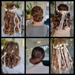 Kolaż sześciu zdjęć przedstawiających różne upięcia włosów z tyłu głowy, w tym loki z wiankami z kwiatów i wstążkami, oraz eleganckie koki.