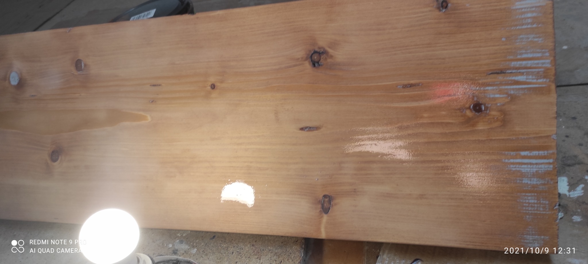 Deska z widocznymi sękami, świeżo polakierowana, z resztkami białej farby na krawędziach, leżąca na ziemi.