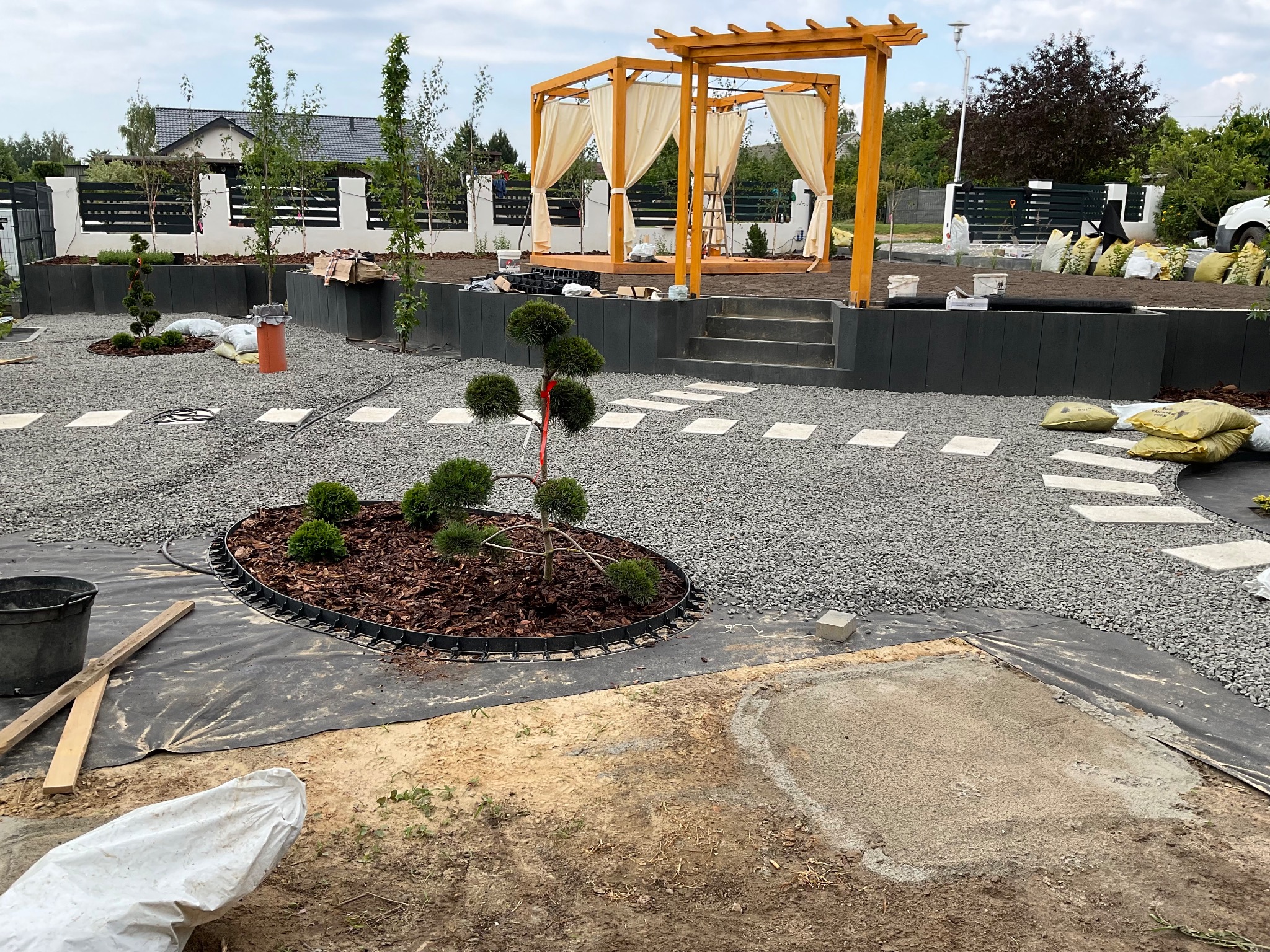 Etap zakładania ogrodu: widok na przygotowany teren z pergolą, ścieżką z płyt, rabatami z korą i ozdobnymi drzewkami, w tle ogrodzenie i dom