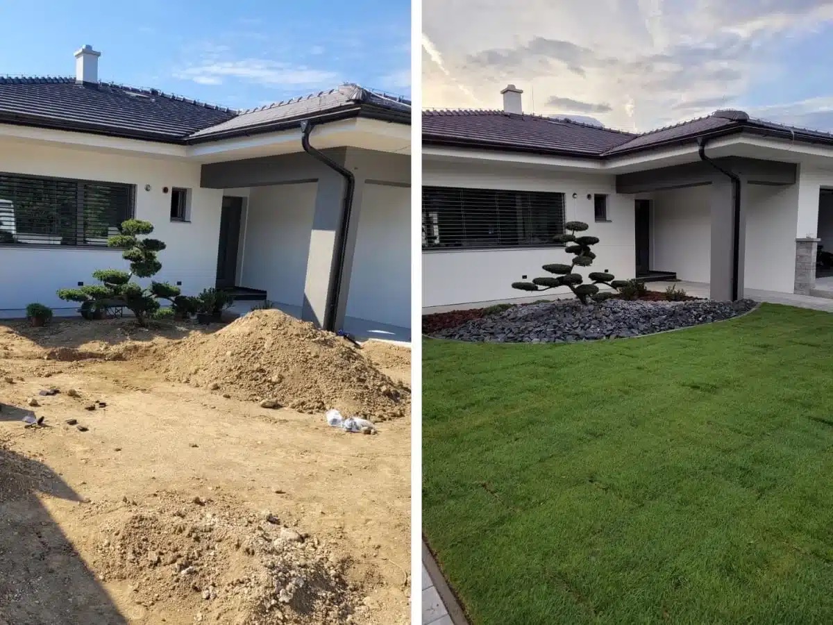 Porównanie stanu przed i po: ułożona trawa z rolki i zagospodarowany teren wokół domu z ozdobnym drzewkiem bonsai.