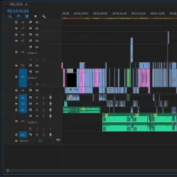 Interfejs programu do edycji wideo z widoczną osią czasu, wieloma ścieżkami audio i wideo, efektami i oznaczeniami czasu.