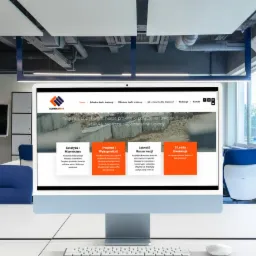 Monitor iMac wyświetlający stronę internetową firmy brukarskiej Ackrabruk, z widocznym logo i hasłami reklamowymi na tle nowoczesnego biura z niebieskimi akcentami.