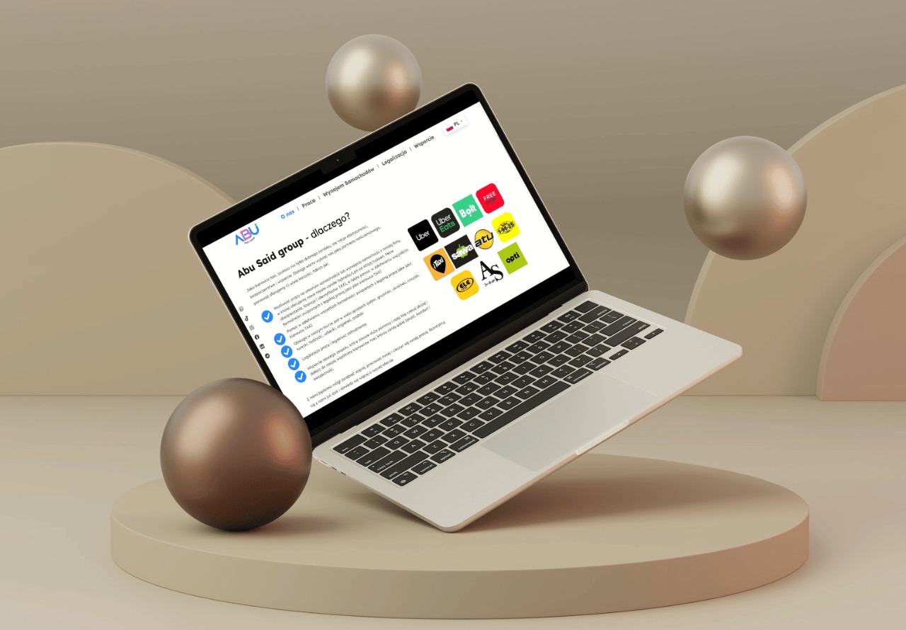 Laptop unoszący się nad platformą z prezentacją strony internetowej Abu Said Group, prezentujący logotypy różnych firm taksówkarskich w otoczeniu dekoracyjnych kul.