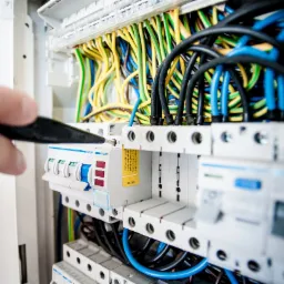 Serwisant z Sosnowca sprawdza instalację elektryczną w rozdzielnicy, widoczne kolorowe przewody i bezpieczniki Hager.