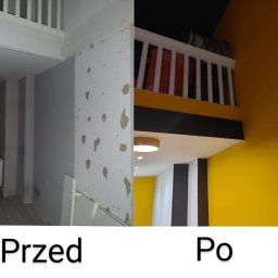 Usługi remontowe K.Kawecki firma: Reivilo - Porównanie stanu pokoju przed i po remoncie: surowe ściany z ubytkami kontra świeżo pomalowane na żółto, z zabudową balkonu widoczną w tle.