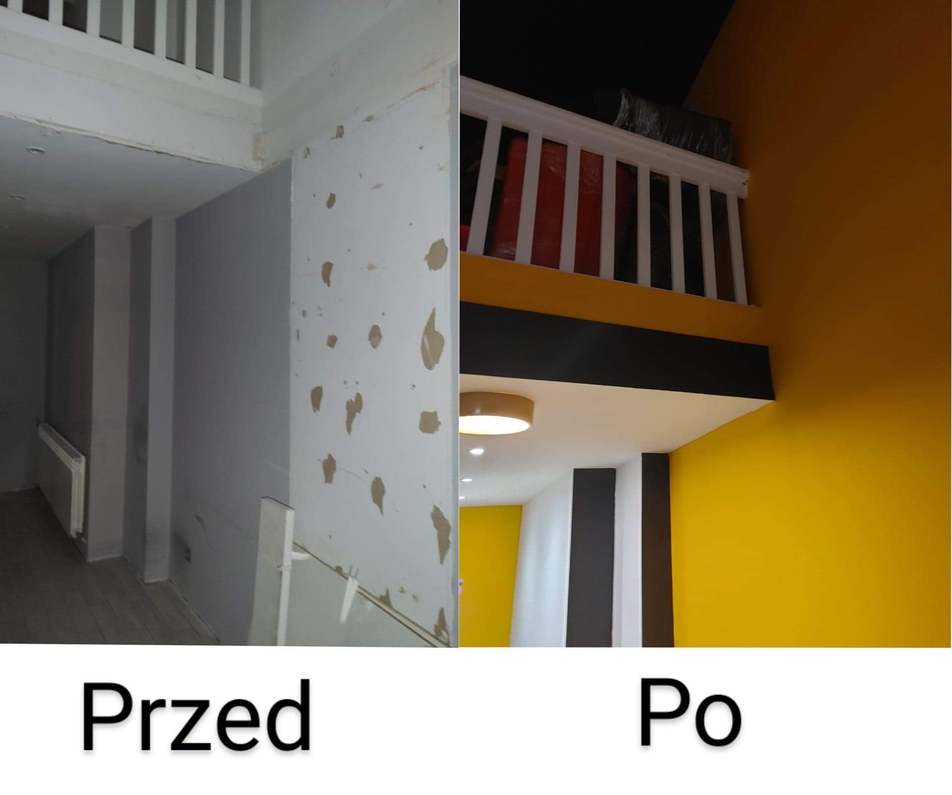 Porównanie stanu pokoju przed i po remoncie: surowe ściany z ubytkami kontra świeżo pomalowane na żółto, z zabudową balkonu widoczną w tle.