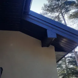 Fragment elewacji budynku z ciemną podbitką dachową i orynnowaniem, widoczne drzewa w tle.