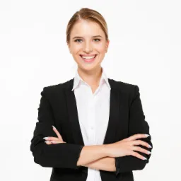 Uśmiechnięta blondynka w czarnym żakiecie i białej koszuli, z założonymi rękami na jasnym tle.