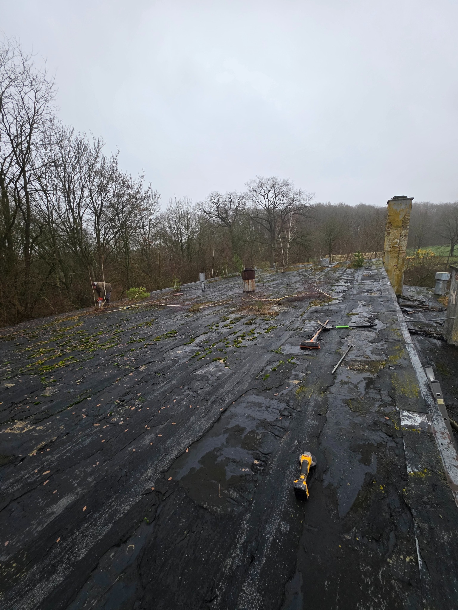 Demontaż starego, zniszczonego dachu pokrytego mchem. Widoczne narzędzia pracy i fragment komina. W tle drzewa i pochmurne niebo.