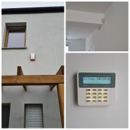Zewnętrzna i wewnętrzna instalacja alarmowa: czujka na elewacji domu, detektory ruchu pod sufitem wewnątrz oraz panel sterowania z podświetlonym wyświetlaczem.