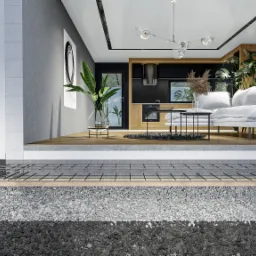 Przekrój poprzeczny ukazujący warstwy fundamentu domu z nowoczesnym wnętrzem, widoczna zbrojona płyta fundamentowa, warstwa żwiru, drenaż oraz ziemia, wnętrze domu z salonem i kuchnią, na zewnątrz...