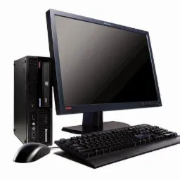Komputer stacjonarny Lenovo z monitorem LCD, klawiaturą i myszą, ustawiony na białym tle, widoczne porty audio i USB na obudowie.