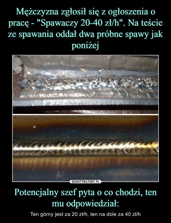 Dwa spawy próbne na metalu: górny, nierówny spaw za 20 zł/h i dolny, równy spaw za 40 zł/h, wykonane podczas testu dla spawacza.