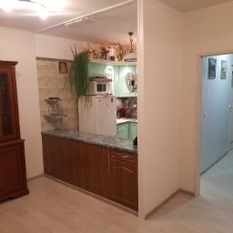 DJD-BUD - Widok na odnowioną kuchnię z drewnianymi szafkami, blatem z szarego granitu, zielonymi szafkami wiszącymi i roślinami doniczkowymi, widoczny również fragment pokoju z drewnianym kredensem.