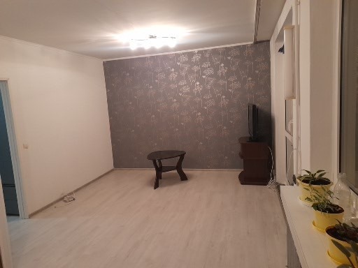 Pokój po remoncie z jasną podłogą, ścianą z wzorzystą tapetą w odcieniach szarości, stolikiem kawowym i telewizorem na szafce, widok z okna z roślinami w doniczkach.