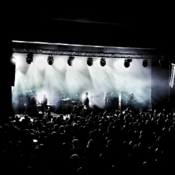 Koncert muzyczny w ciemnych barwach z silnym oświetleniem scenicznym i tłumem widzów w tle.