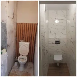 Porównanie toalety przed i po: surowe ściany i stara toaleta zestawione z wykończoną, białą glazurą imitującą marmur i drewnopodobną podłogą.
