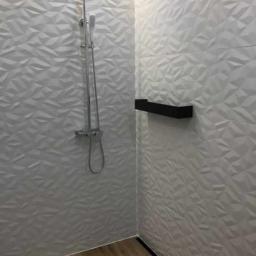 Łukasz Budownictwo - Nowoczesna kabina prysznicowa z panelami 3D na ścianach, chromowaną armaturą i drewnopodobną podłogą, uzupełniona o czarną półkę narożną.