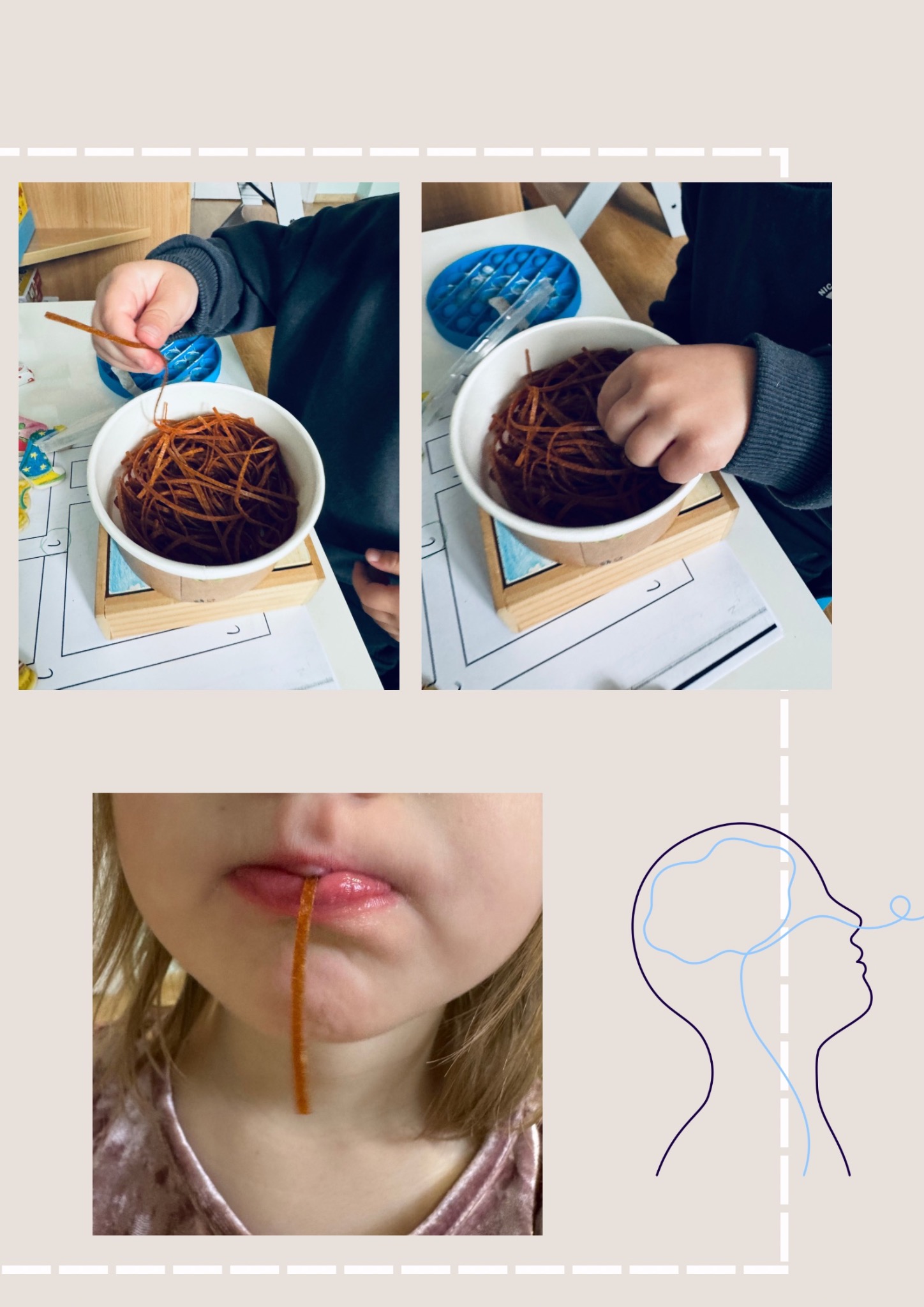 Dziecko trzyma w ustach brązowy makaron terapeutyczny, ćwicząc motorykę oralną. Na stole miska z makaronem, zabawka sensoryczna i schemat oddechowy.