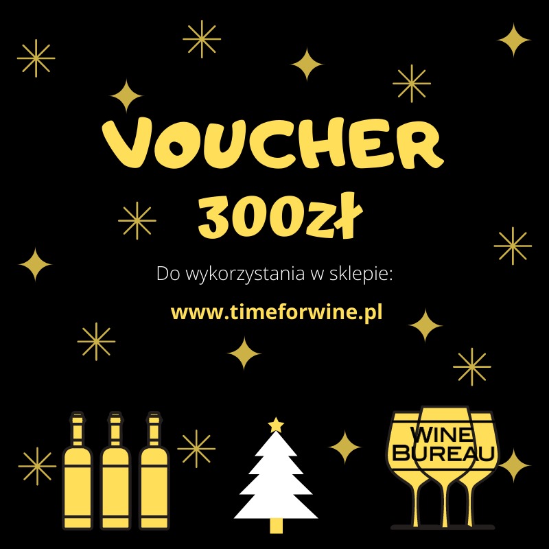 Voucher o wartości 300 zł do sklepu internetowego z winami, z grafiką butelek, kieliszków i choinki na czarnym tle.