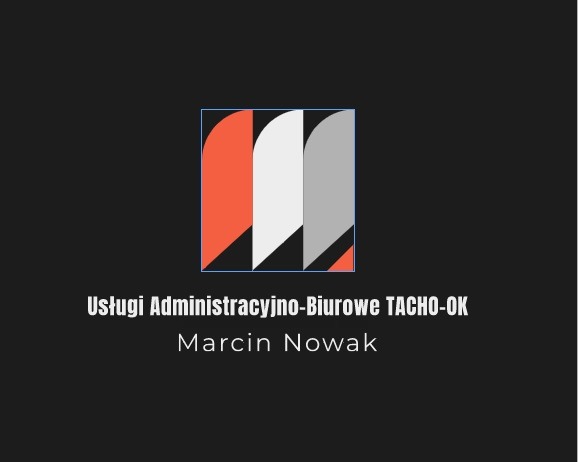 Logo firmy Usługi Administracyjno-Biurowe TACHO-OK, Marcin Nowak, z trzema stylizowanymi piórami w kolorach pomarańczowym, białym i szarym na czarnym tle.