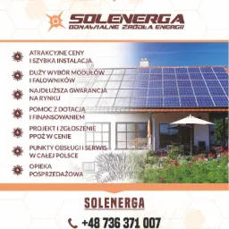 Grafika reklamowa firmy z branży odnawialnych źródeł energii, prezentująca dom z panelami słonecznymi na dachu, logo firmy Solenerga oraz hasła reklamowe dotyczące atrakcyjnych cen, szerokiego...