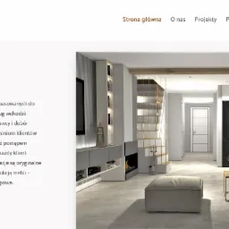 Strona internetowa studia projektowania wnętrz 'Szósty Zmysł' prezentująca wizualizację otwartej przestrzeni salonu z kuchnią, schodami z ażurową balustradą i kominkiem.