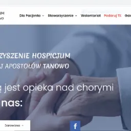 Strona internetowa hospicjum-tanowo.pl z widocznym logo, menu nawigacyjnym i hasłem 'Naszą misją jest opieka nad chorymi. Wspomóż nas:'.