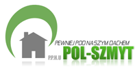 Zielono-szare logo firmy budowlanej POL-SZMYT z motywem domu i hasłem 'Pewniej pod naszym dachem'.