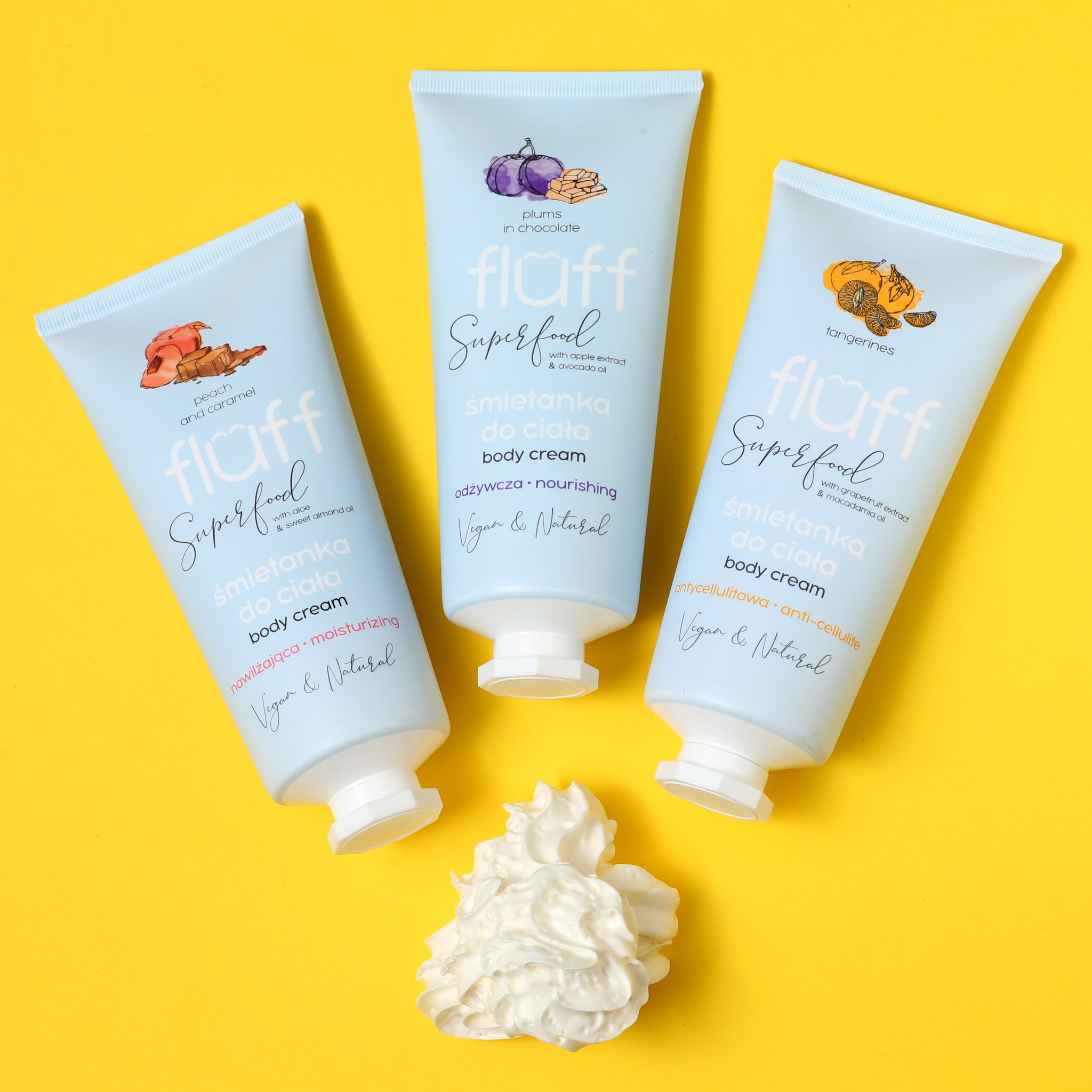 Trzy tubki kremu do ciała marki Fluff Superfood o różnych zapachach (brzoskwinia i karmel, śliwka w czekoladzie, mandarynka) na żółtym tle, z kleksem białego kremu.