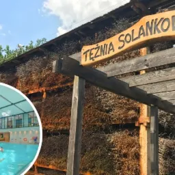 Tężnia solankowa z drewnianą konstrukcją i tablicą z nazwą, w tle basen kryty z pływającymi osobami, widoczne gałązki tarniny.