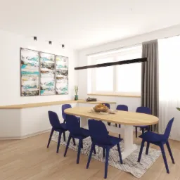 Jasna jadalnia z owalnym drewnianym stołem na białej nodze, otoczonym sześcioma granatowymi krzesłami na tle białej zabudowy, abstrakcyjnych obrazów i okna z szarą zasłoną.