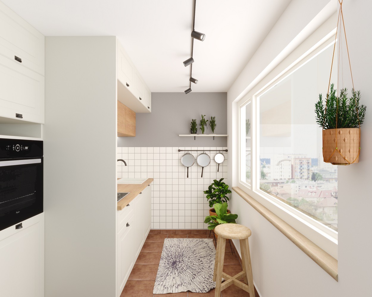 Wąska kuchnia w jasnych barwach z drewnianym blatem, białymi szafkami, brązową podłogą i widokiem na miasto przez duże okno, oświetlona reflektorami sufitowymi i ozdobiona wiszącą rośliną...