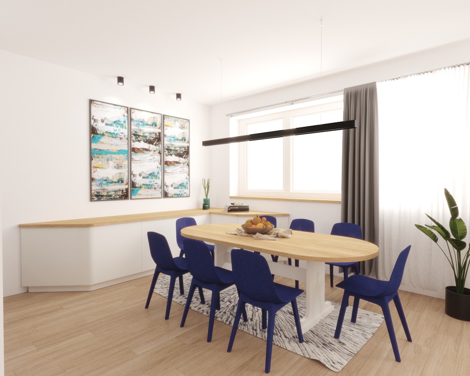 Jasna jadalnia z owalnym drewnianym stołem na białej nodze, otoczonym sześcioma granatowymi krzesłami na tle białej zabudowy, abstrakcyjnych obrazów i okna z szarą zasłoną.