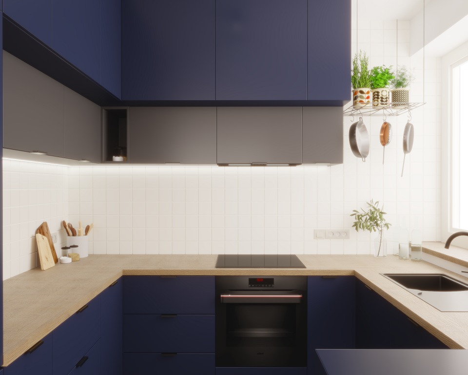 Nowoczesna kuchnia w odcieniach granatu i szarości z drewnianym blatem, minimalistyczny design, wiszące garnki i zioła nad blatem, białe kafelki na ścianie.