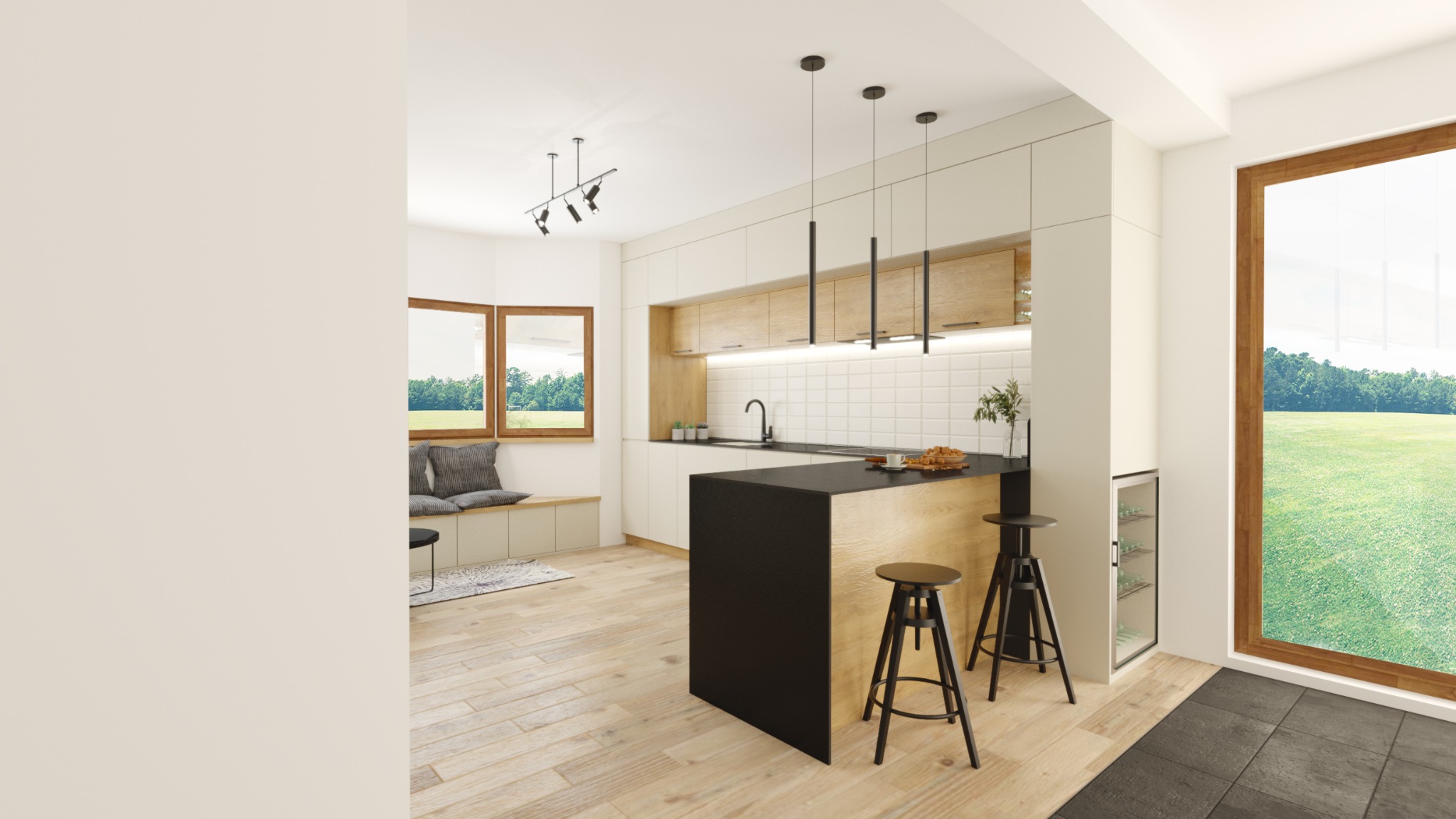 Wnętrze jasnej kuchni z drewnianymi i białymi szafkami, czarnym blatem, dwoma stołkami barowymi i oknem z widokiem na zieleń, oświetlenie punktowe i dekoracje roślinne.