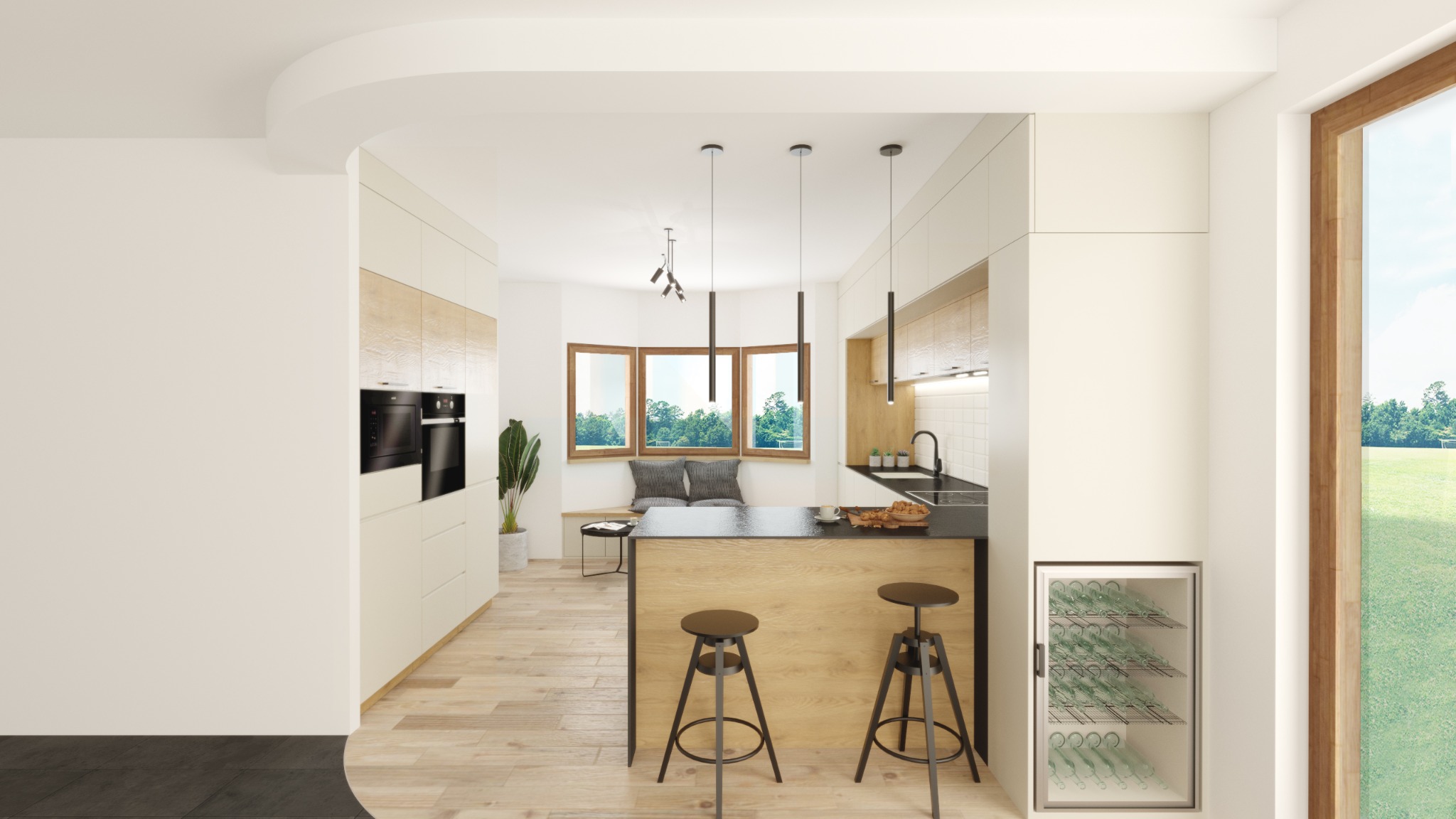 Wnętrze jasnej kuchni z wyspą i oknem wykuszowym, widok na zielony ogród, minimalizm w designie, drewniane blaty i podłoga, nowoczesne oświetlenie.