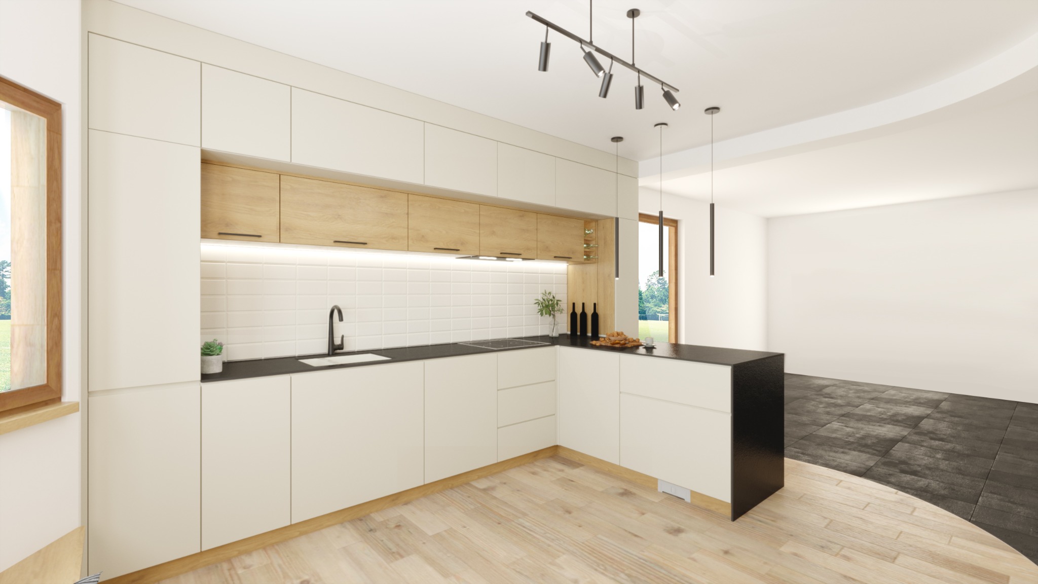Wizualizacja nowoczesnej kuchni z białymi szafkami dolnymi i drewnianymi górnymi, czarnym blatem, białymi płytkami na ścianie, oświetleniem punktowym i wyspą z czarnym blatem.