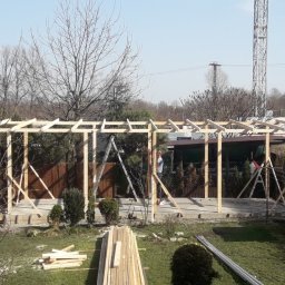 Luk-Spaw - Konstrukcja drewniana z belek w ogrodzie, widoczne elementy mocujące i drabina, w tle antena i drzewa.