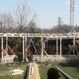 Konstrukcja drewniana z belek w ogrodzie, widoczne elementy mocujące i drabina, w tle antena i drzewa.