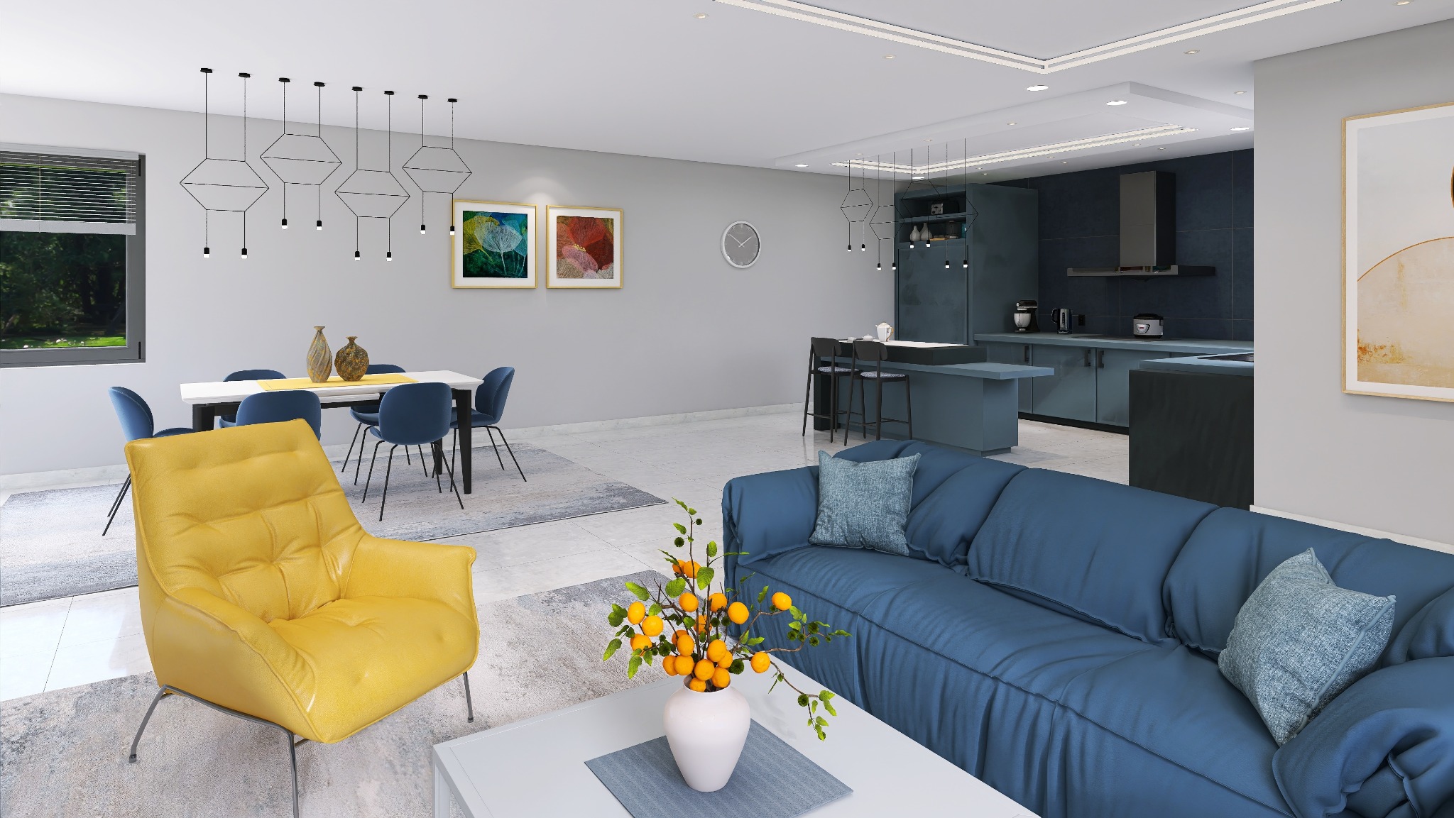 Wnętrze w odcieniach szarości i błękitu z akcentem żółtego fotela. Nowoczesna aranżacja salonu z kuchnią, geometryczne lampy, minimalistyczny design.