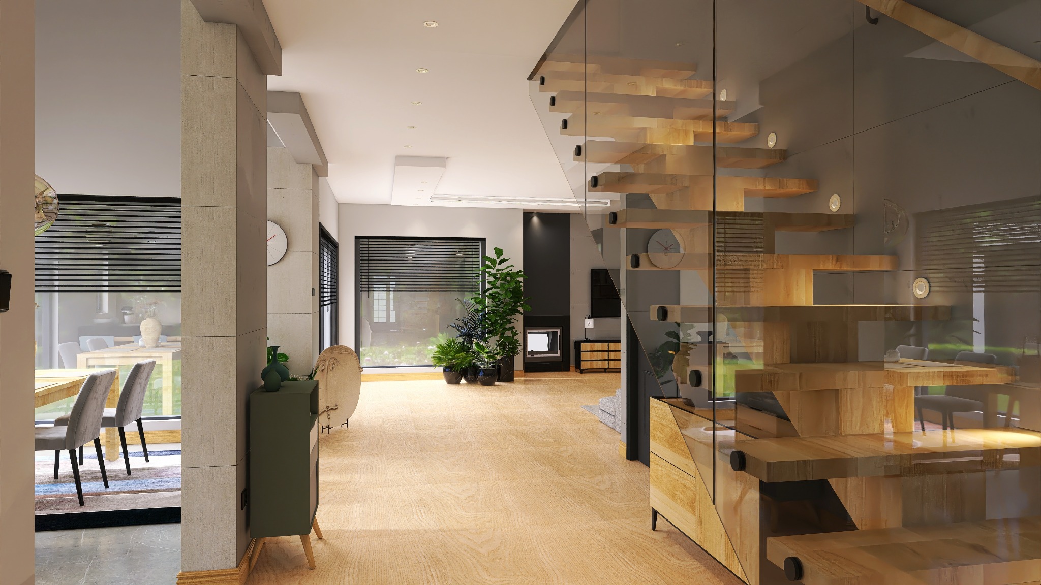 Nowoczesne wnętrze domu z drewnianymi schodami ze szklaną balustradą, widok na salon z kominkiem i jadalnię. Jasne drewniane podłogi i neutralna kolorystyka ścian.